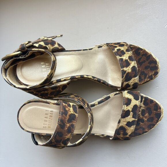 Stuart Weitzman X-Ray Animal Print Fabric Wide Strap Espadrille Wedge Sandal 7 M - Picture 6 of 16